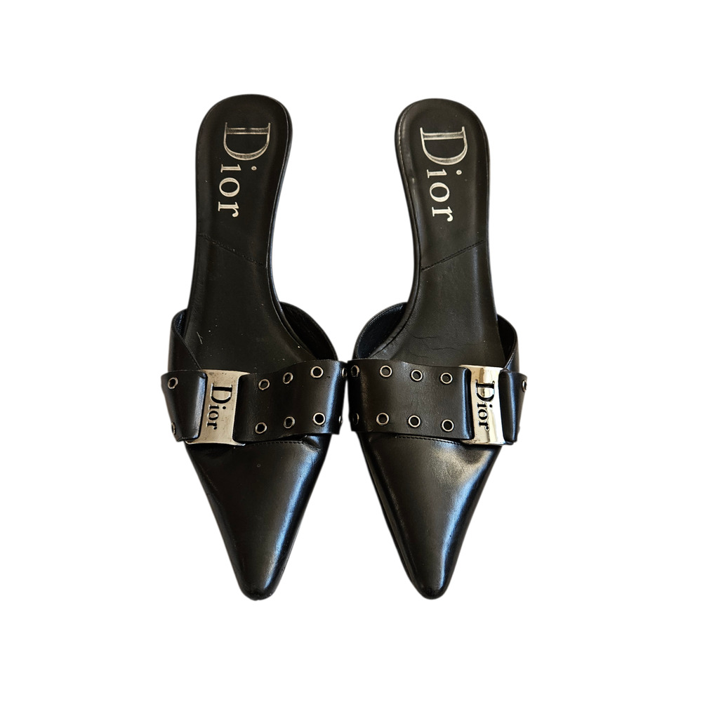 Y2k Dior Heels by John Galliano Pointed Toe Black Leather Mules - Size 38 - Picture 7 of 11